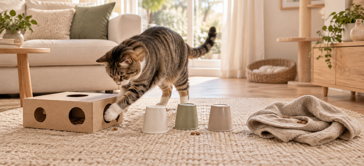 Chat explorant un jeu interactif maison avec des croquettes.