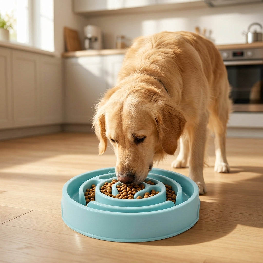 Chien utilisant une gamelle anti-glouton à reliefs