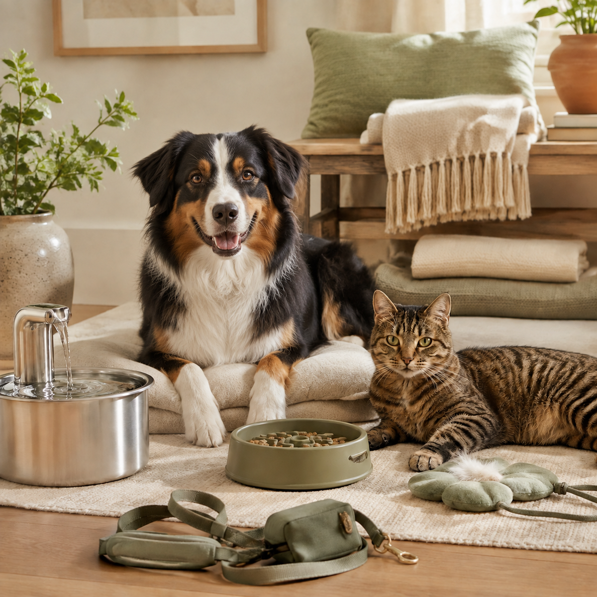 Berger australien tricolore et chat entourés d’accessoires populaires pour animaux
