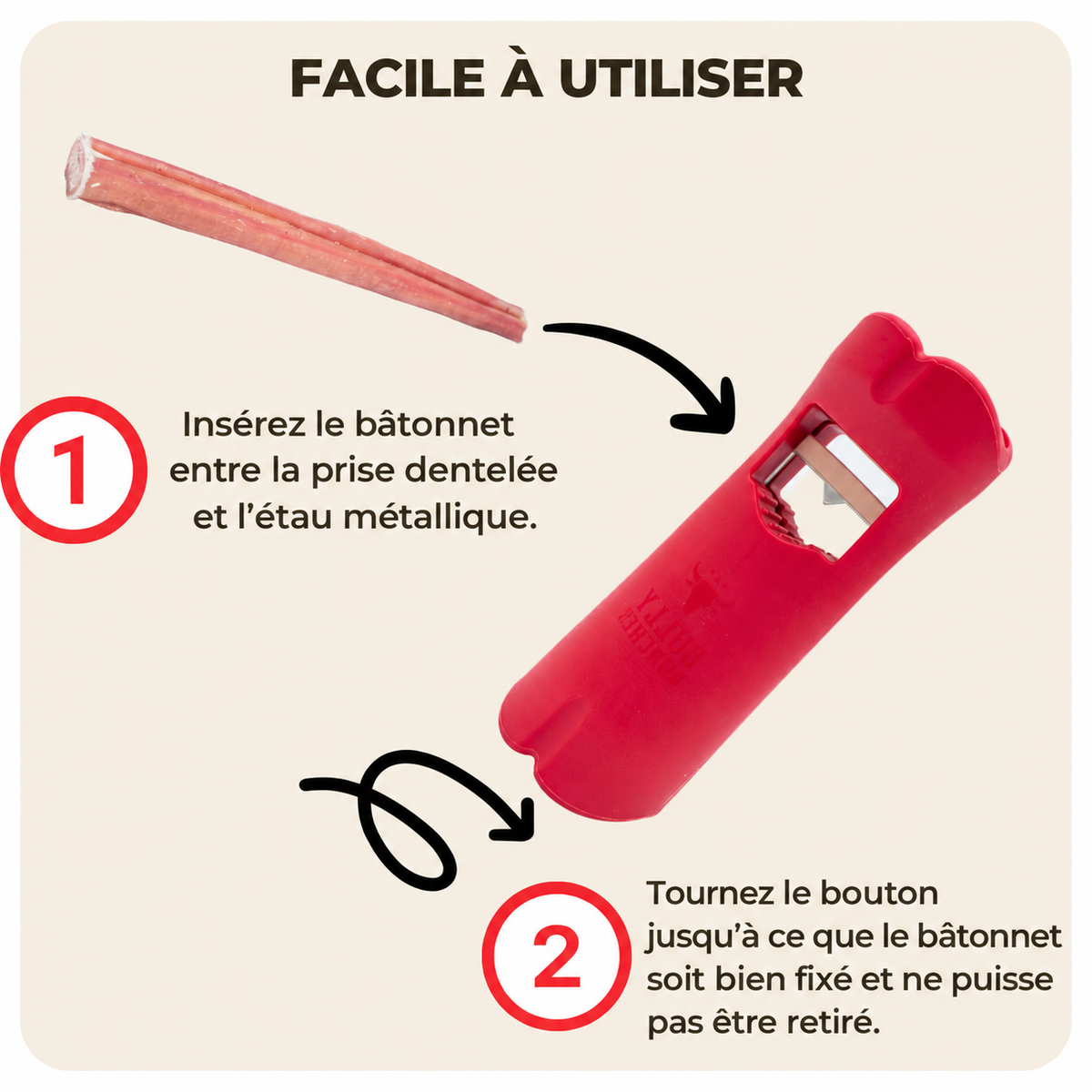 Instructions pour fixer un bâton à mâcher dans le support de sécurité pour chien