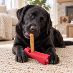Labrador noir utilisant un support rouge pour bâton à mâcher