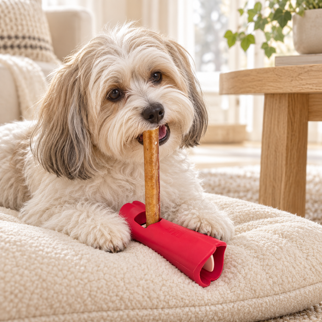 Bichon havanais utilisant un support rouge pour bâton à mâcher