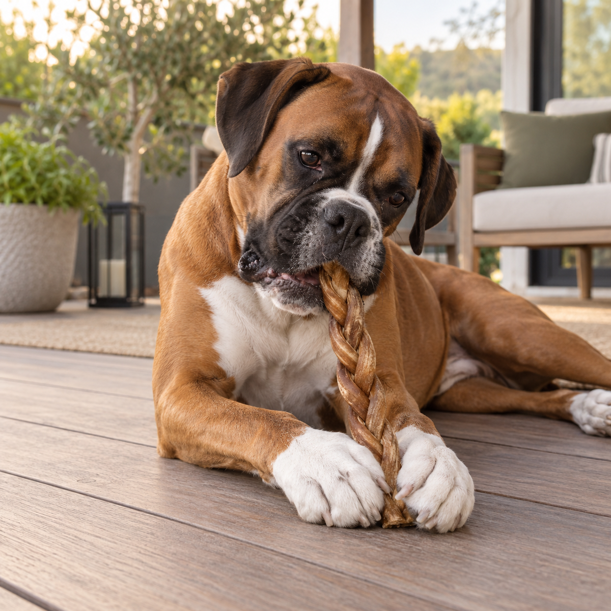 Boxer mâchant un bâton de collagène tressé sur une terrasse
