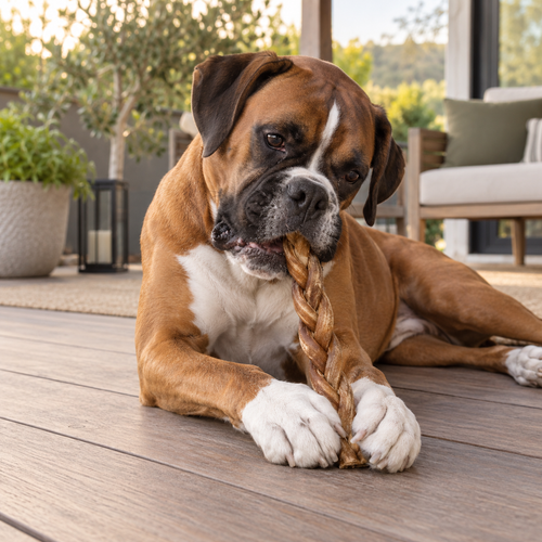 Boxer mâchant un bâton de collagène tressé sur une terrasse