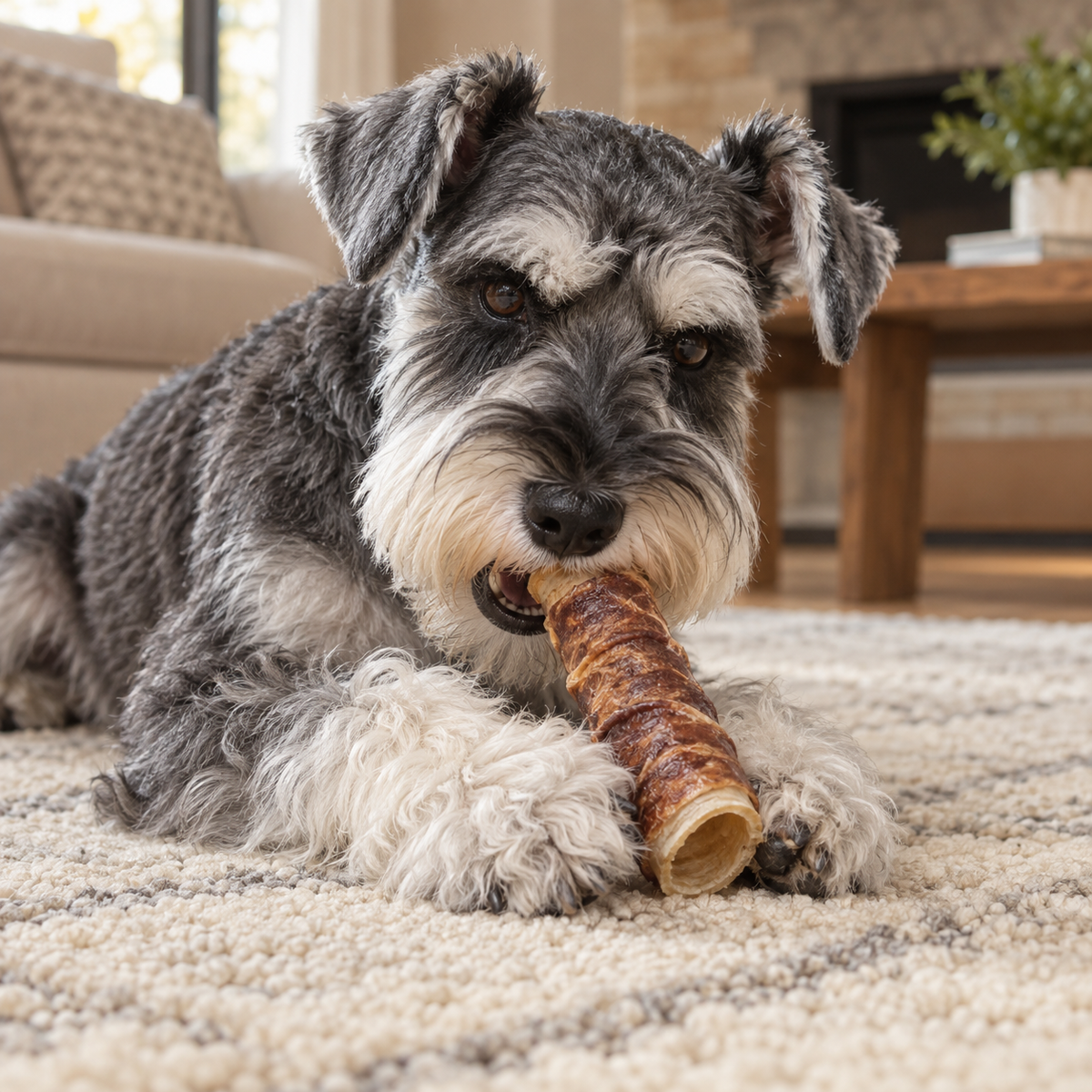 Schnauzer miniature mâchant une trachée de bœuf de 15 cm
