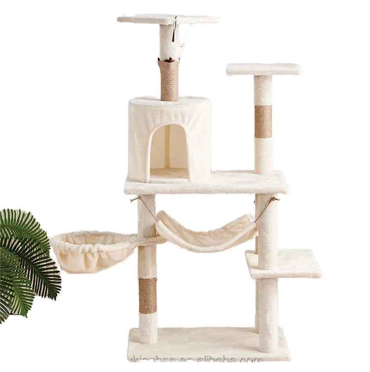 Grand arbre à chat en bois et sisal avec lit intégré, structure d’escalade robuste, tour et condo de 132 cm pour intérieur, meuble pour animaux au style simple