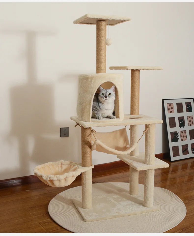 Grand arbre à chat en bois et sisal avec lit intégré, structure d’escalade robuste, tour et condo de 132 cm pour intérieur, meuble pour animaux au style simple