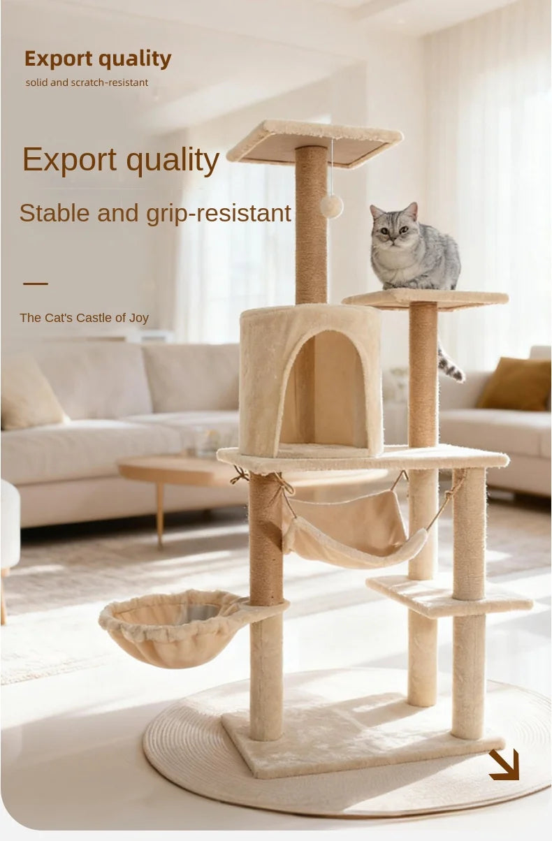 Grand arbre à chat en bois et sisal avec lit intégré, structure d’escalade robuste, tour et condo de 132 cm pour intérieur, meuble pour animaux au style simple