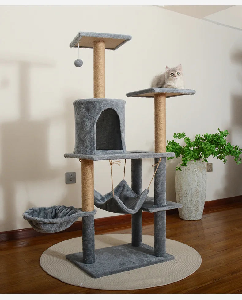 Grand arbre à chat en bois et sisal avec lit intégré, structure d’escalade robuste, tour et condo de 132 cm pour intérieur, meuble pour animaux au style simple