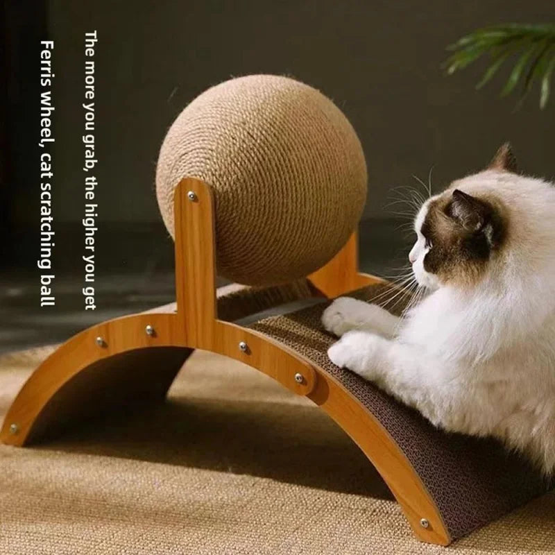Balle à gratter pour chat 2-en-1 en bois et planche à gratter en sisal, jouet durable en bois massif pour chats et chatons, accessoires pour animaux de compagnie