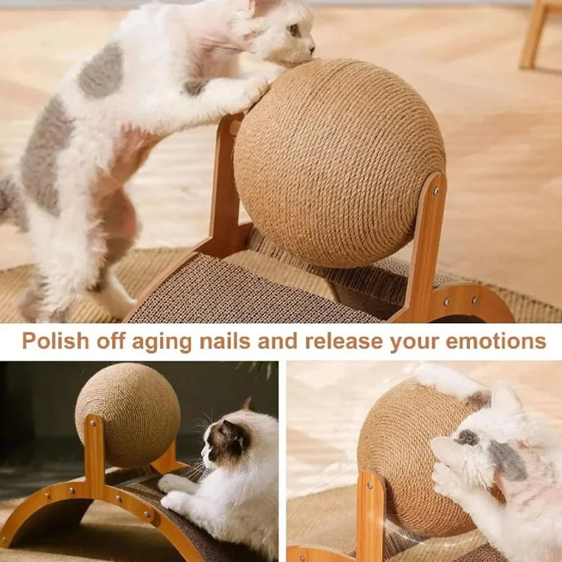 Balle à gratter pour chat 2-en-1 en bois et planche à gratter en sisal, jouet durable en bois massif pour chats et chatons, accessoires pour animaux de compagnie