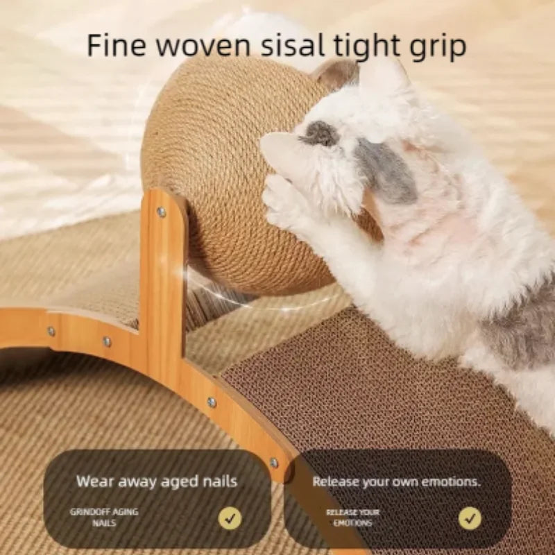 Balle à gratter pour chat 2-en-1 en bois et planche à gratter en sisal, jouet durable en bois massif pour chats et chatons, accessoires pour animaux de compagnie
