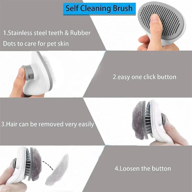 Brosse démêlante pour chat et petit chien avec nettoyage en un clic.
