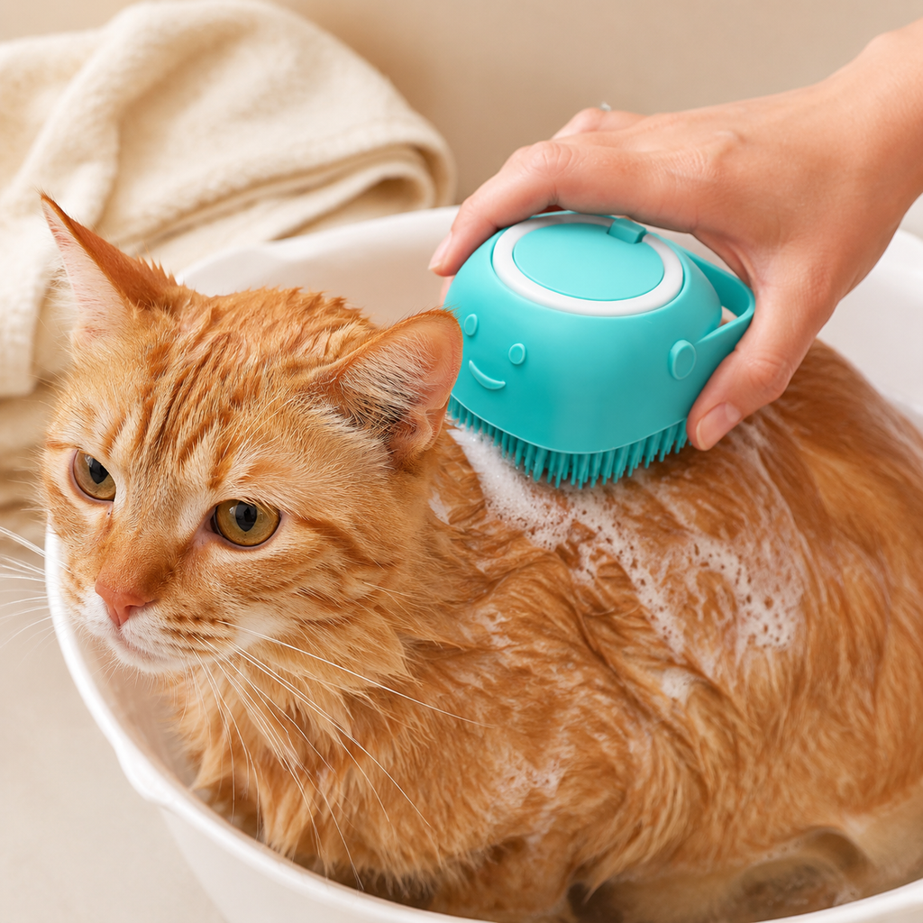 Réservoir intégré d’une brosse de bain pour chien et chat