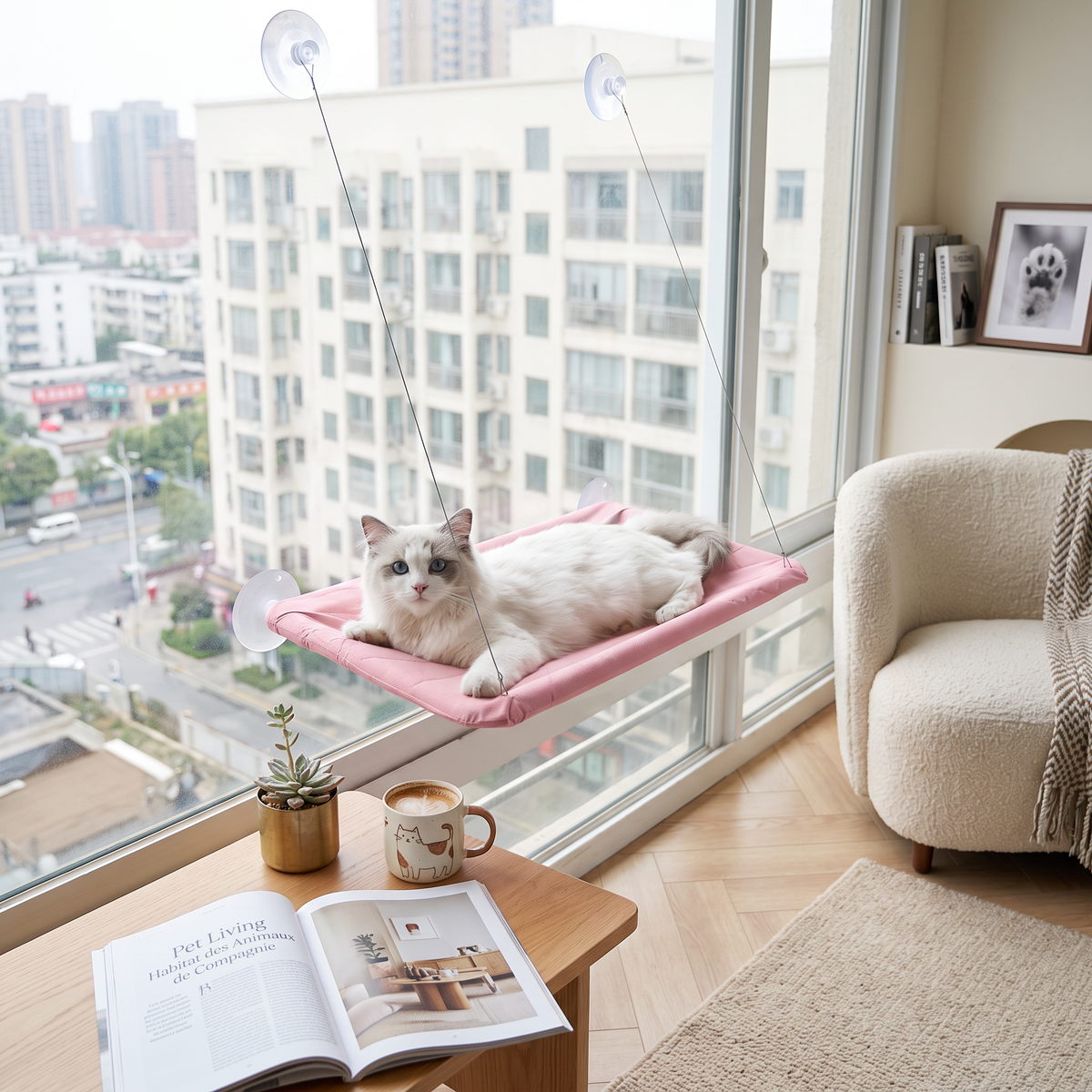 Hamac de fenêtre pour chat rose avec ventouses puissantes