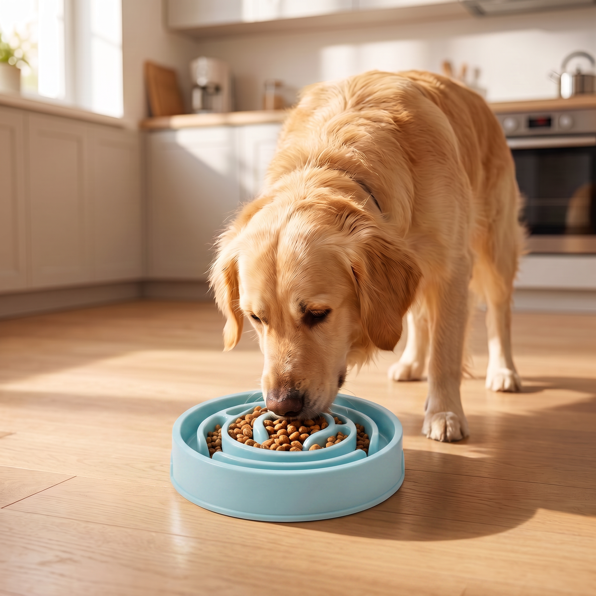 Gamelle anti-glouton en situation dans une cuisine moderne avec chien mangeant tranquillement
