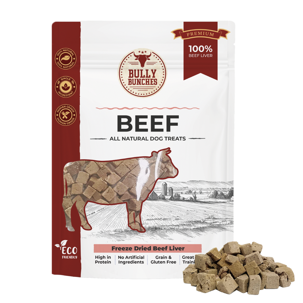 Sachet de gâteries lyophilisées au foie de bœuf pour chien Bully Bunches avec bouchées