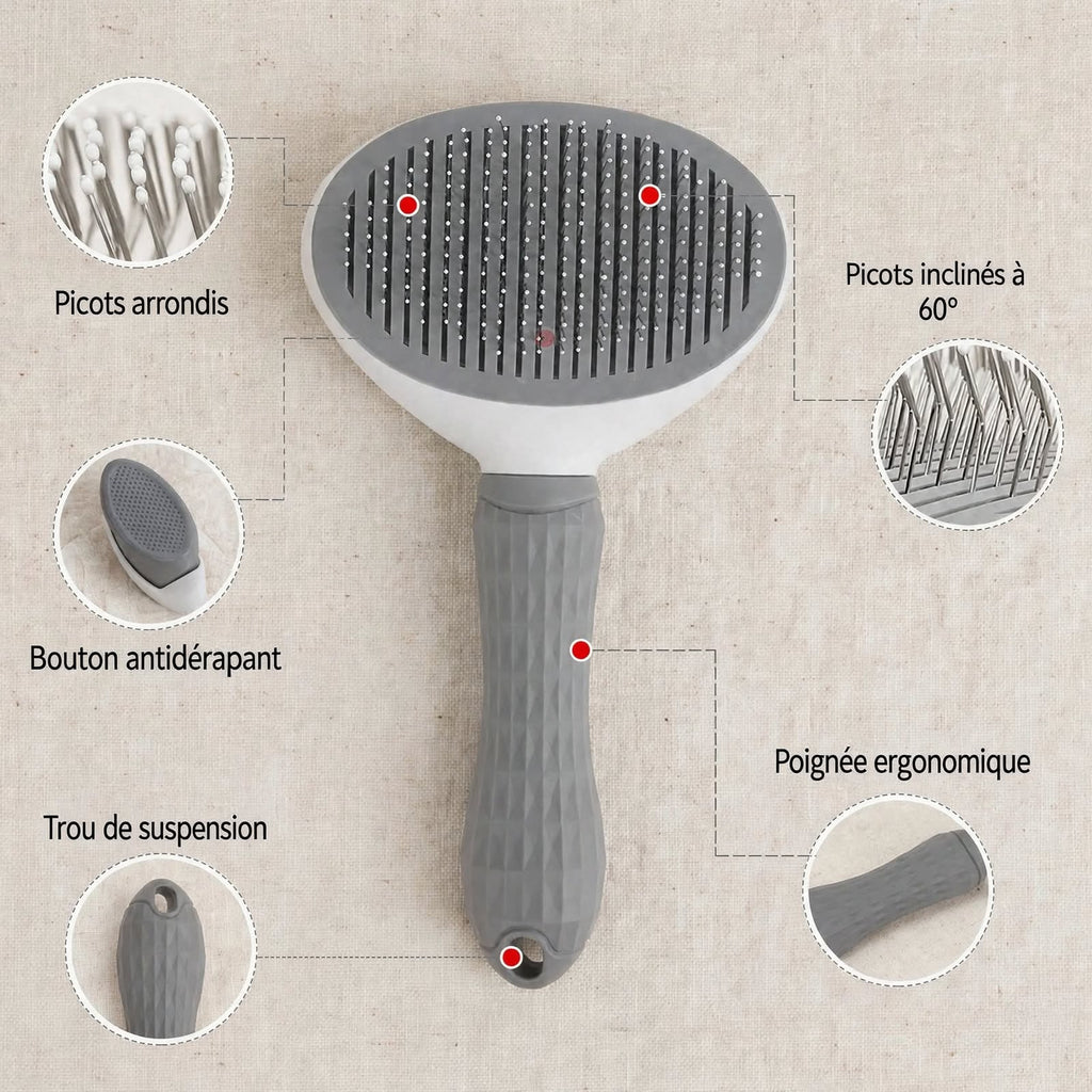 Détails de la brosse autonettoyante avec picots arrondis et poignée ergonomique