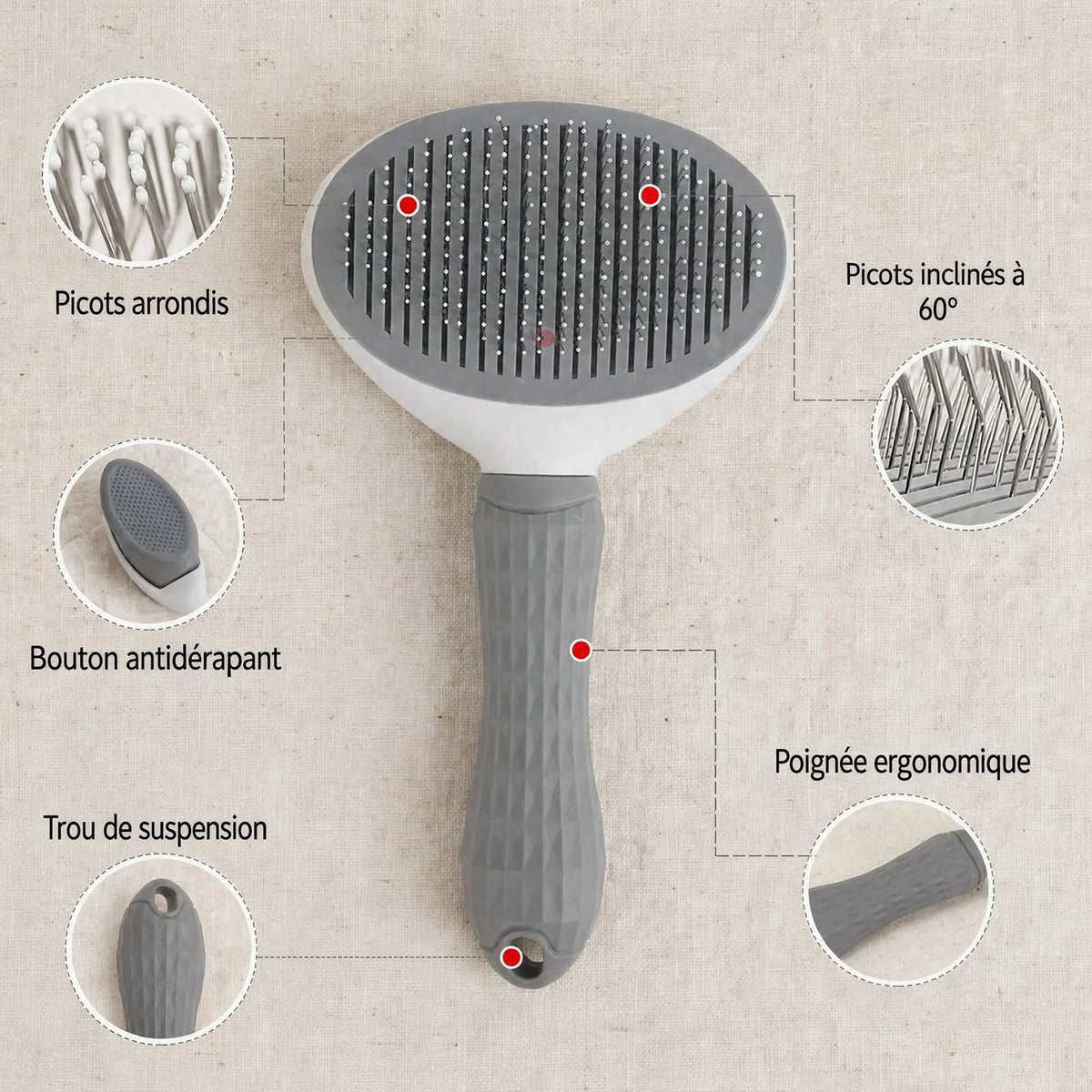 Détails de la brosse autonettoyante avec picots arrondis et poignée ergonomique