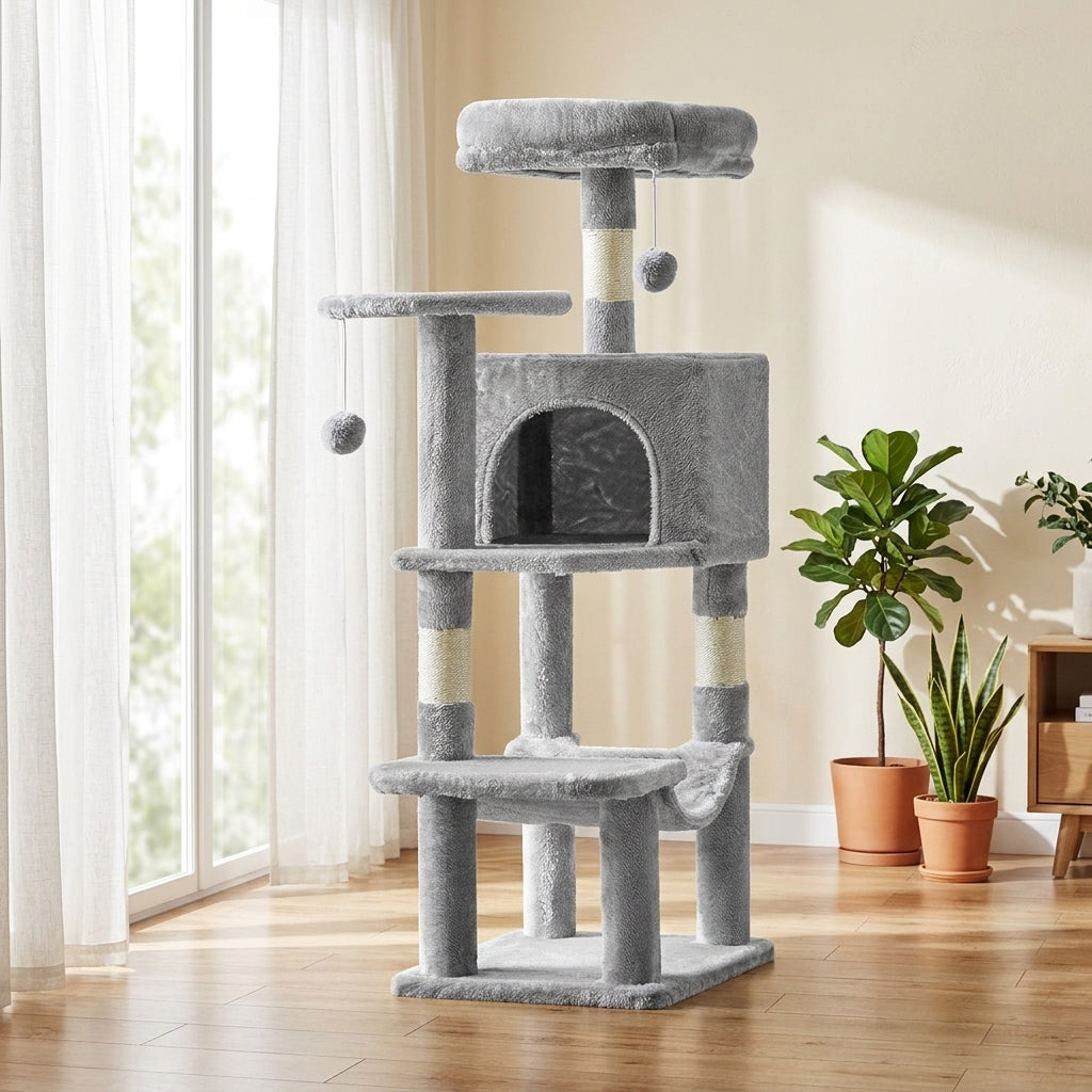 Arbre à chat multi-niveaux 112 cm dans un salon lumineux scandinave