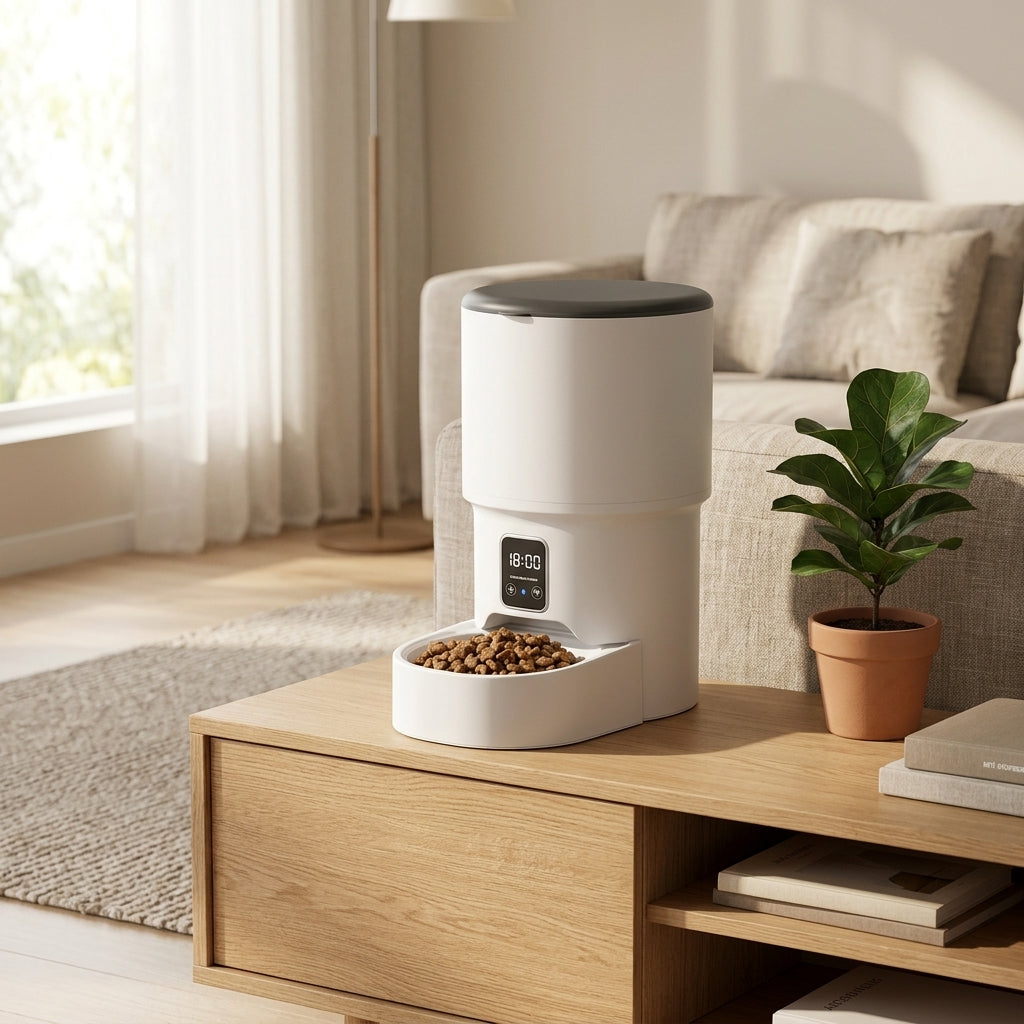 Mangeoire intelligente pour chat et chien dans un salon contemporain lumineux