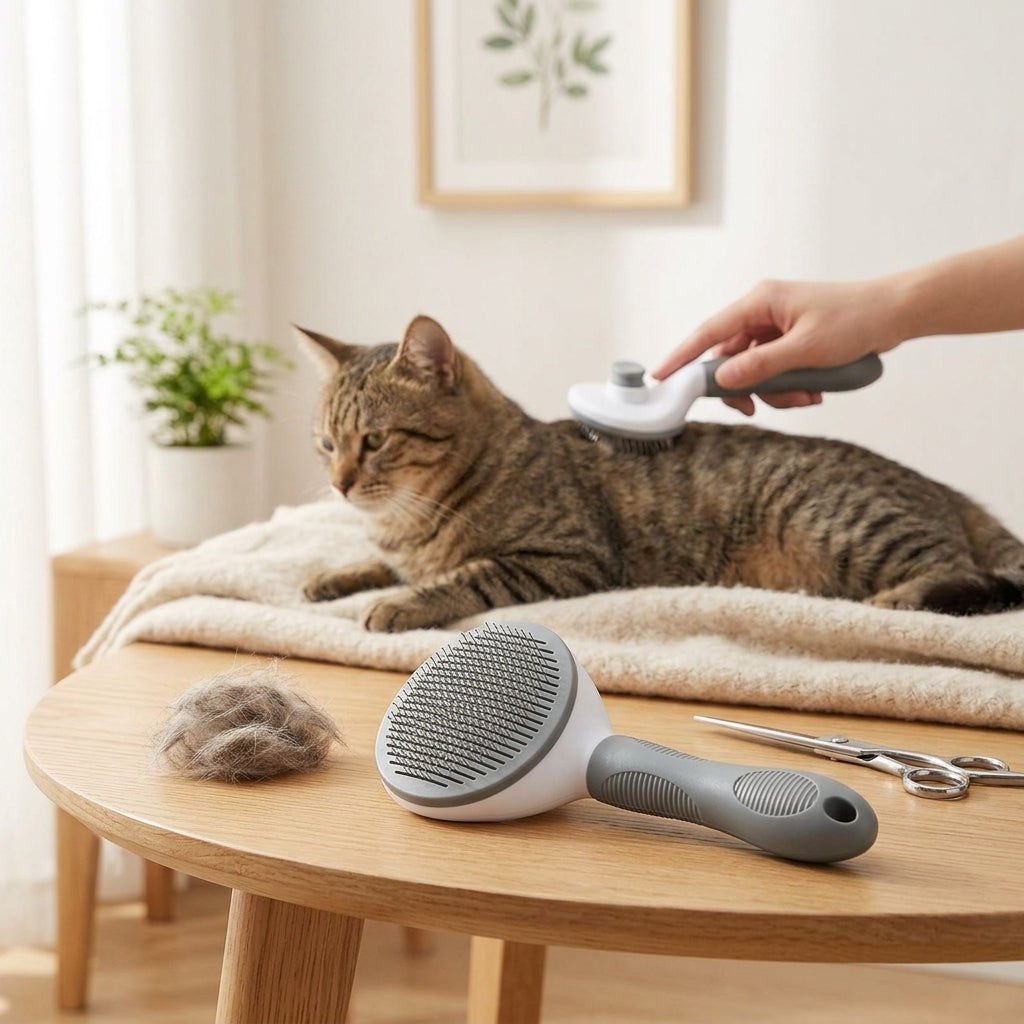 Brosse de toilettage pour chat sur table en chêne dans salon moderne