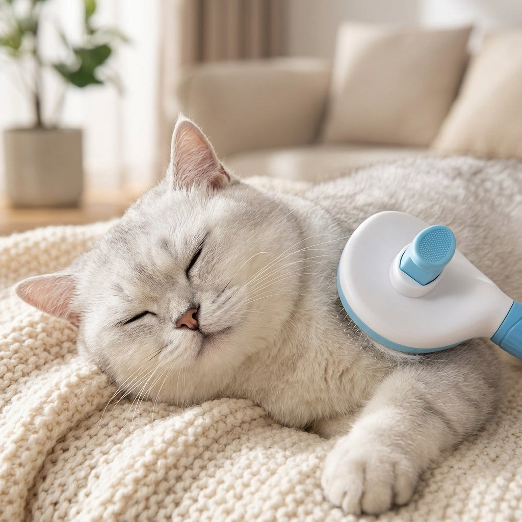 Brosse de toilettage pour chat en situation d'utilisation sur plaid douillet