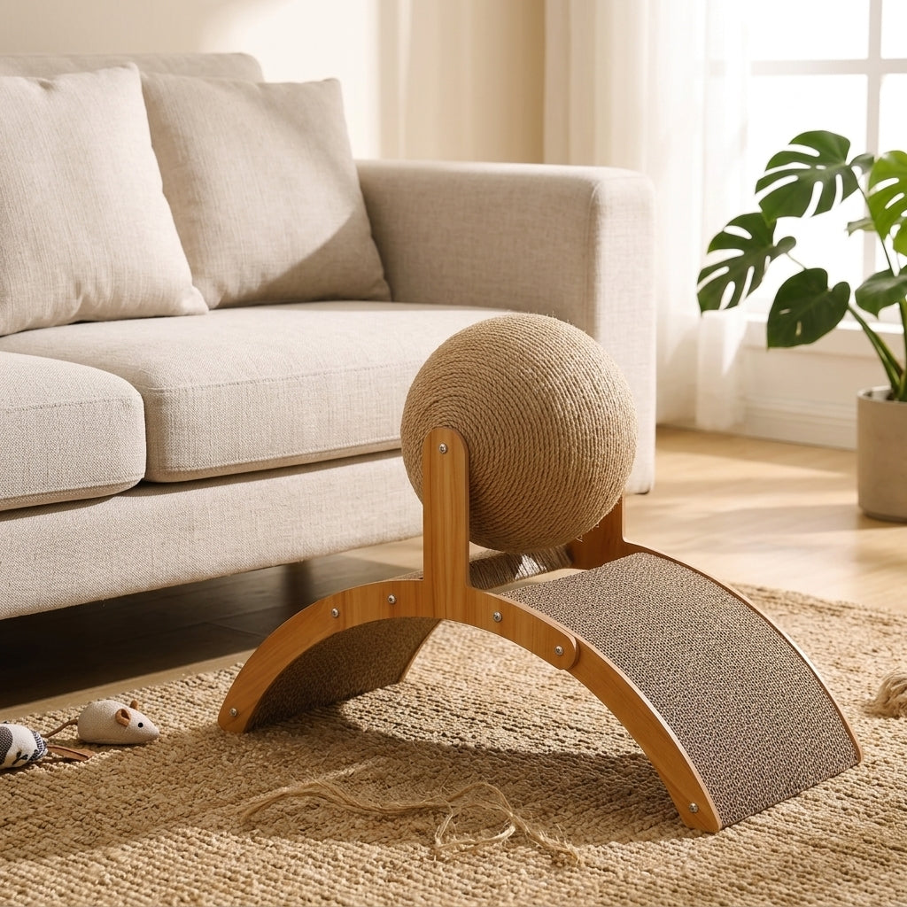 Griffoir boule en sisal rotatif sur arche en bois à côté d'un canapé contemporain