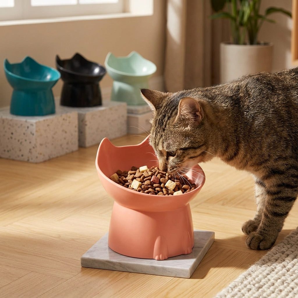 Chat mangeant dans la gamelle surélevée ergonomique inclinée