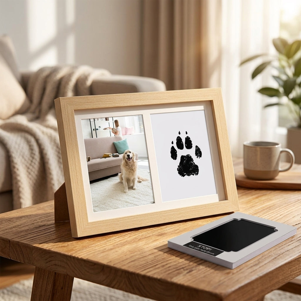Kit empreinte patte animal avec cadre photo dans un salon chaleureux